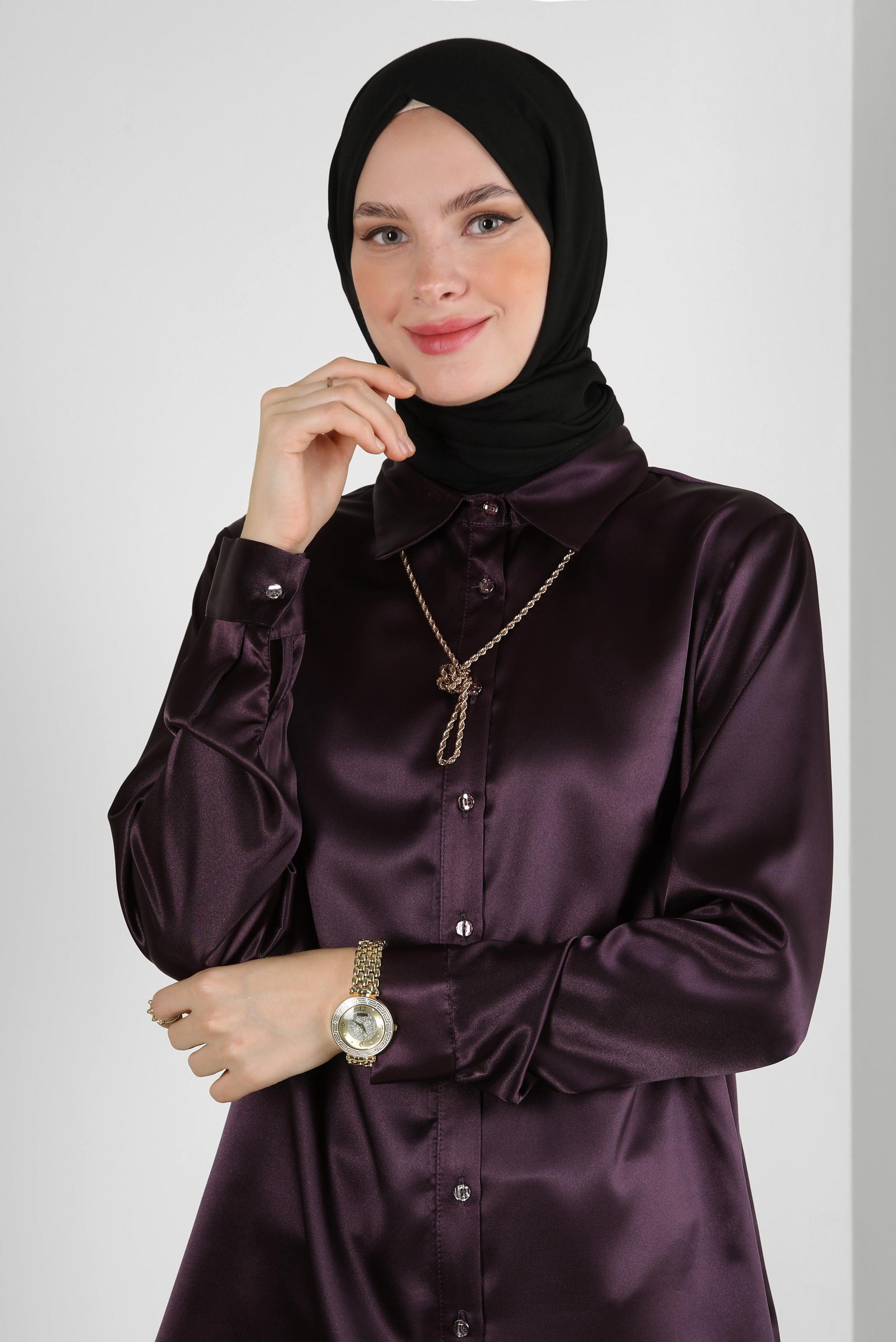 Tesettür giyim MÜRDÜM DÜĞMELİ SATEN BLUZ 43755